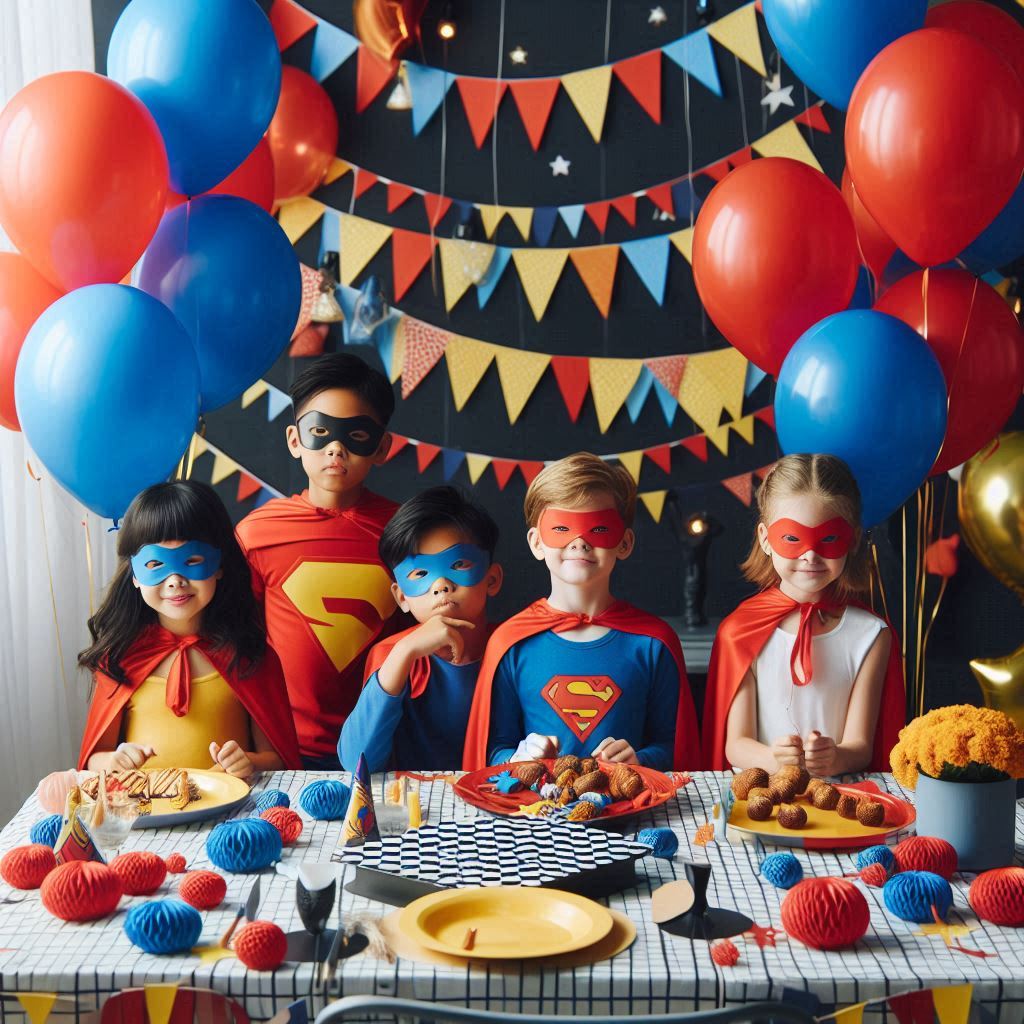 Imagen creada por inteligencia artificial donde aparecen niños en una fiesta temática infantil de superhéroes