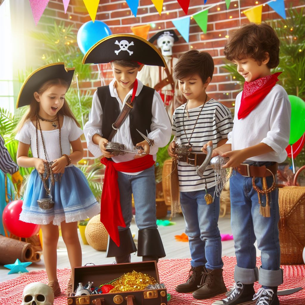 Fiesta temática infantil de piratas donde hay 4 niños jugando