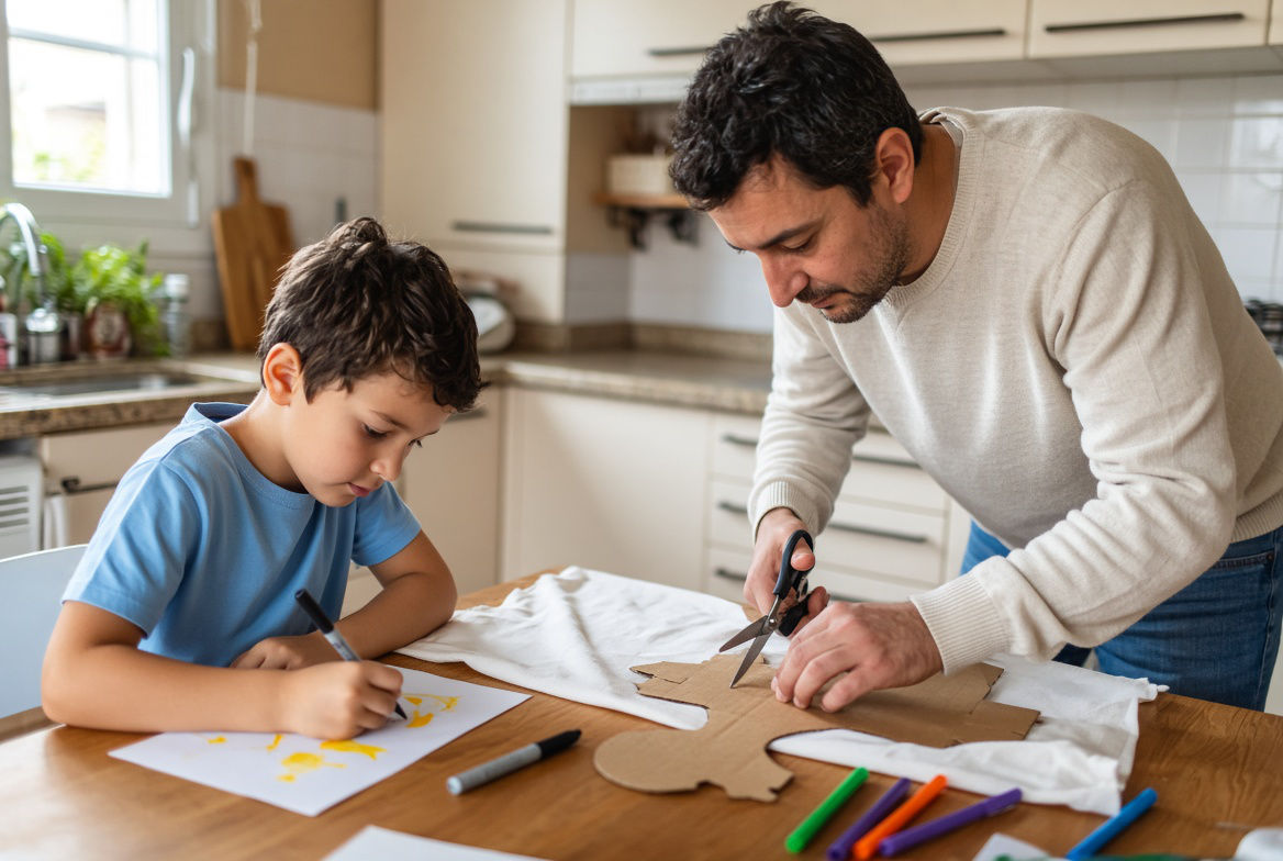 Niño y padre preparando disfraces caseros para Halloween en la mesa de la cocina