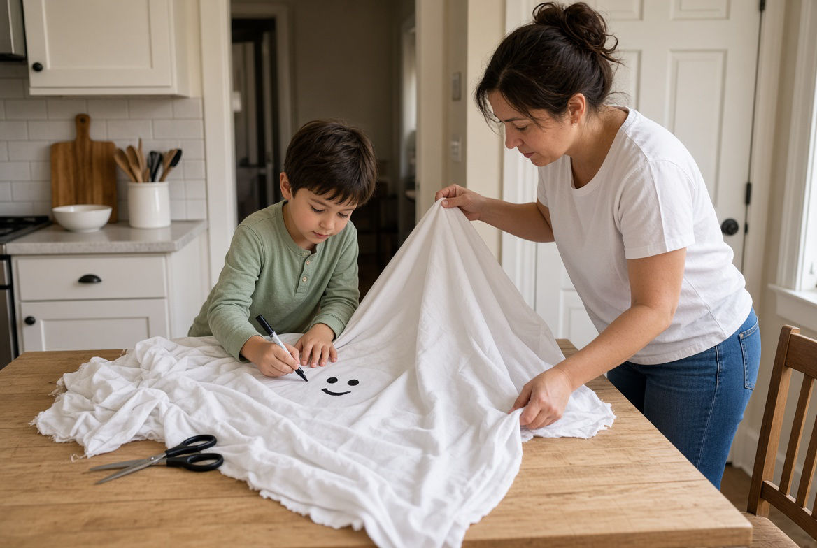 Niño y madre haciendo un disfraz casero de fantasma para Halloween