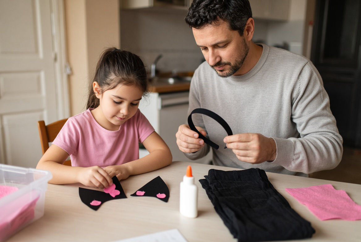 Niña y padre haciendo orejas para un disfraz casero de gato en Halloween
