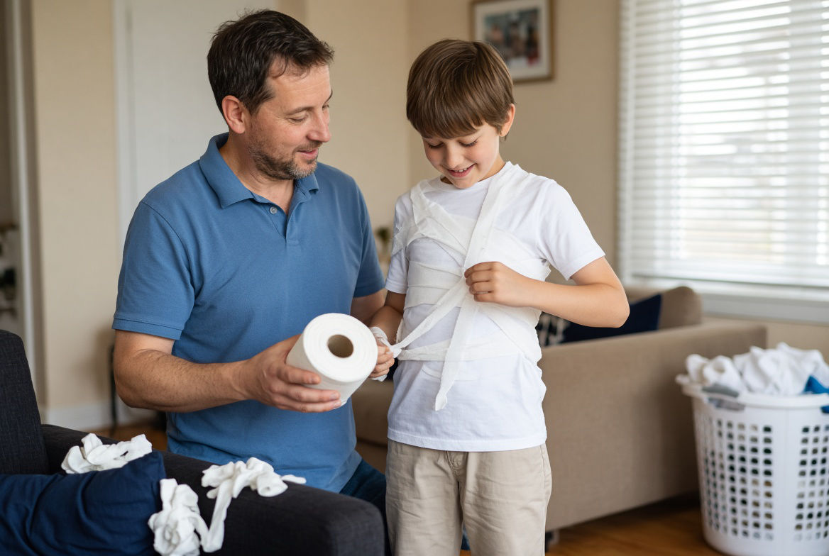 Padre e hijo preparando un disfraz casero de momia para Halloween