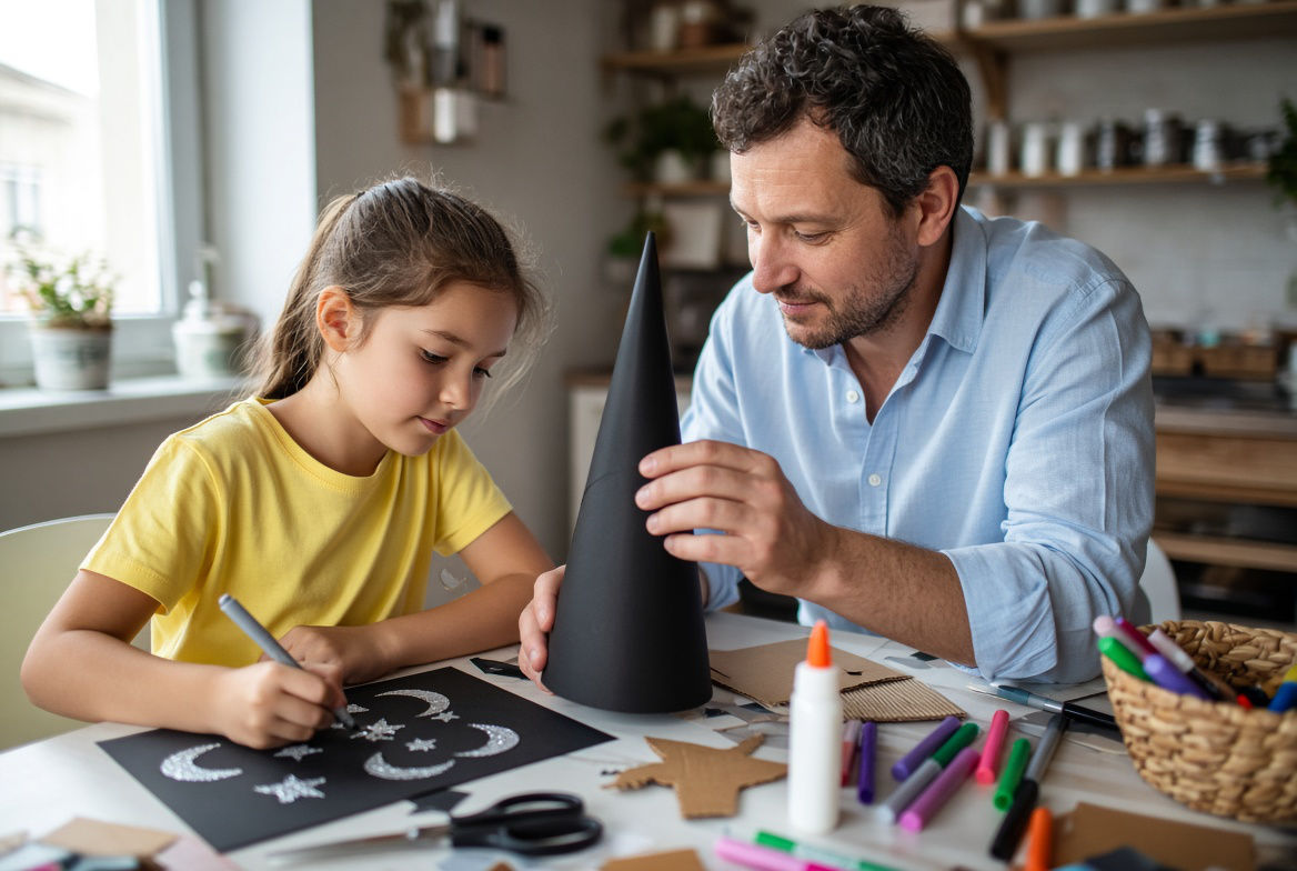 Niña y padre construyendo el sombrero de un disfraz casero de bruja