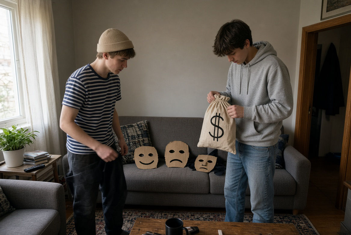 Dos amigos preparando un disfraz casero de ladrón de banco