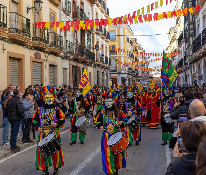 Imagen creada por IA donde se ve un desfile típico en las calles para ayudar a la compresión de la entrada de Disfraces Grupo Originales